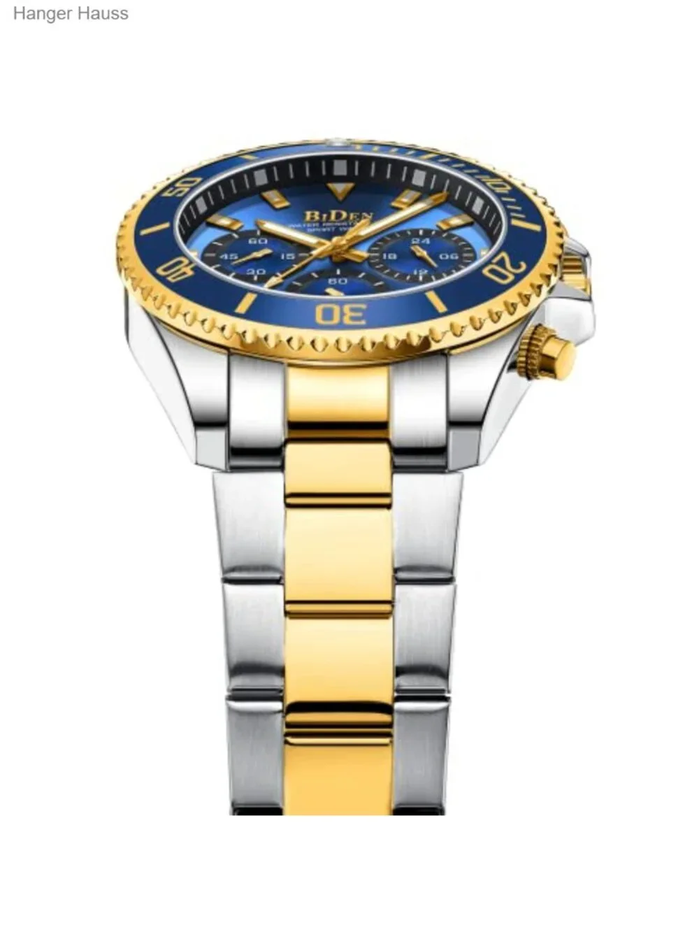 Men's Chronograph Watch Stainless Steel Gold Blue Waterproof Analog Quartz